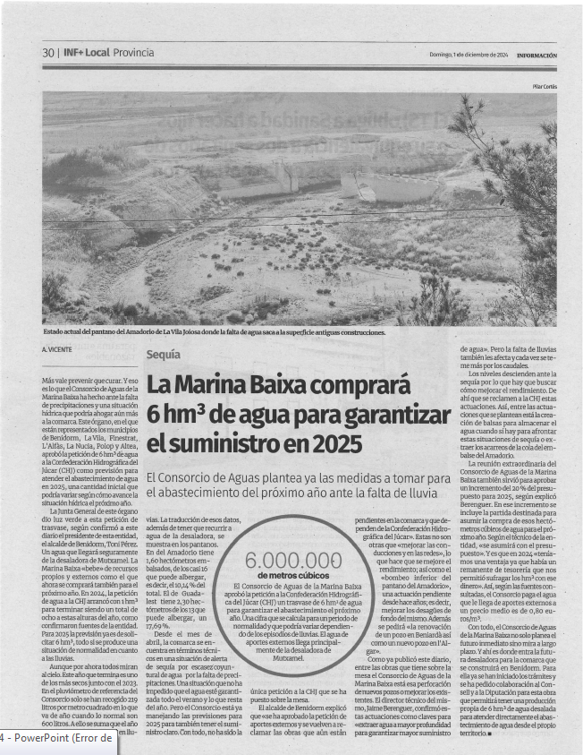 LA MARINA BAIXA COMPRARÁ 6 HM3 DE AGUA PARA GARANTIZAR EL SUMINISTRO EN 2025